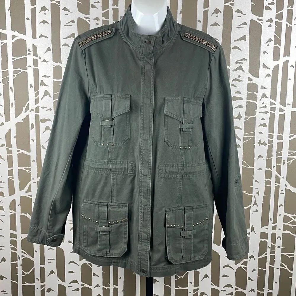 Democracy Olive Green Studded Lace Back Accent Cargo Jacket sz M
